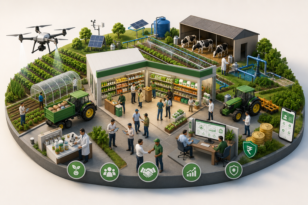 The Aaple DeHaat ecosystem  stores, advisory, dairy, irrigation, drones and finance